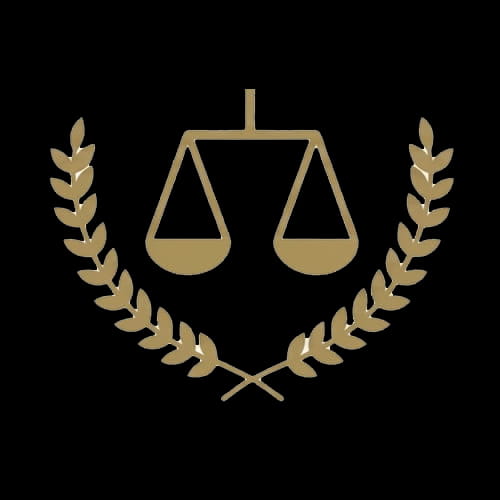 Goldene Waage über einem Lorbeerkranz als grafisches Logo-Element der Detektei Fahtz